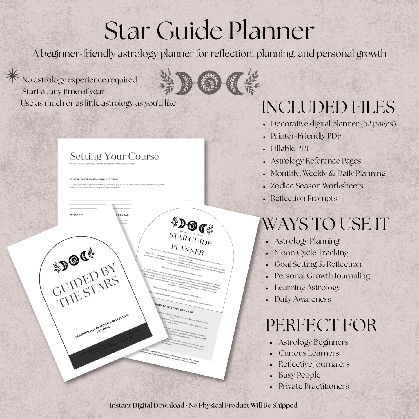 Beginner Astrology Planner & Journal | Printable Astrology Workbook with Moon Phases, Zodiac Seasons & Birth Chart Pages