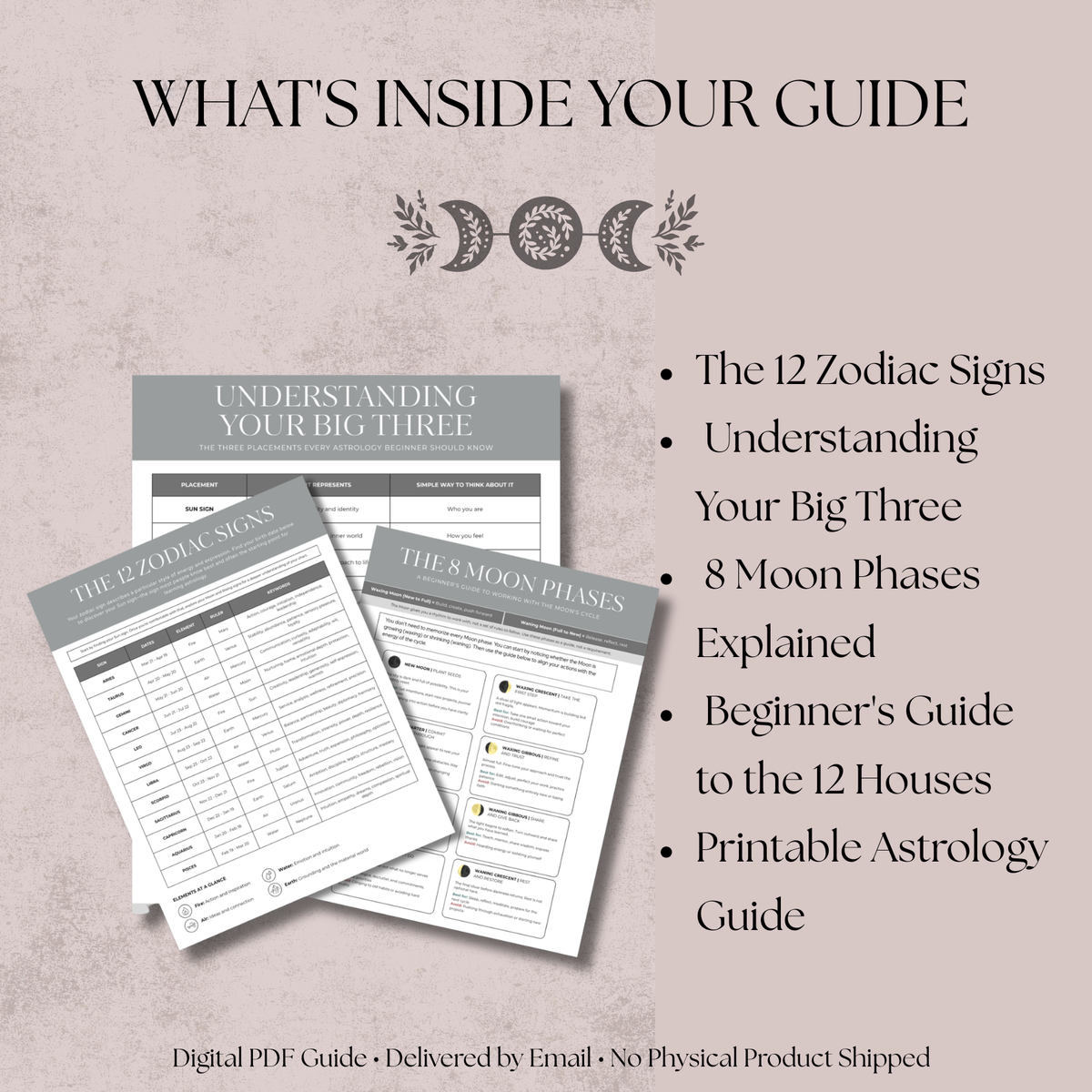 Pages from an astrology guide with text about contents on a light pink background
