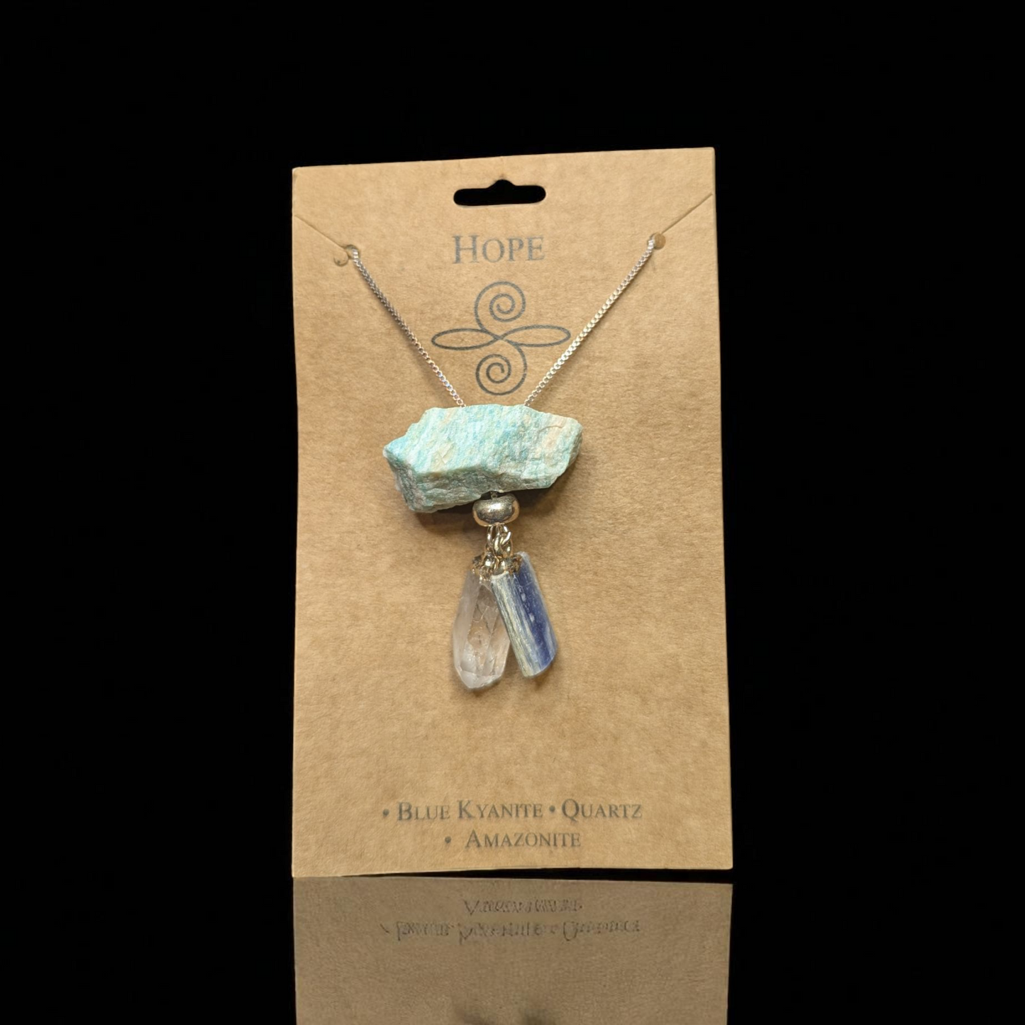 Hope Necklace with Blue Kyanite, Clear Quartz, and Amazonite crystal pendants on adjustable chain for emotional healing and inspiration.