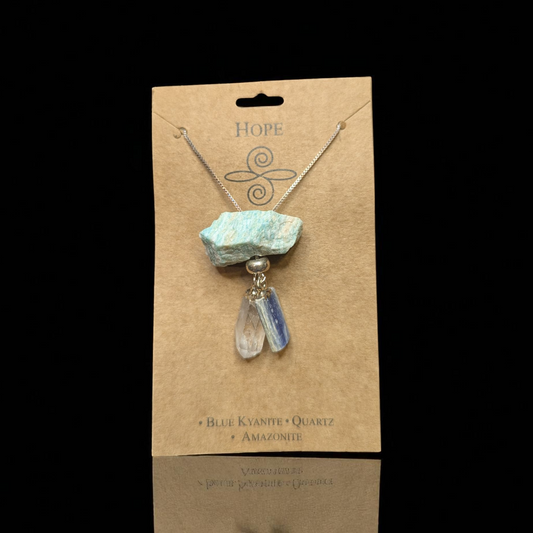 Hope Necklace with Blue Kyanite, Clear Quartz, and Amazonite crystal pendants on adjustable chain for emotional healing and inspiration.