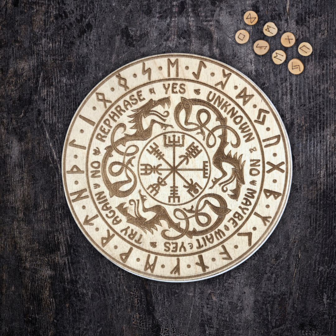 Pendulum and Rune Casting Board With Rune Symbols and Dragons