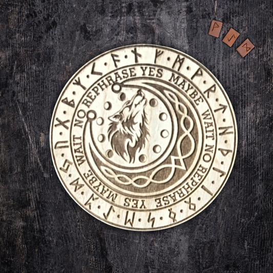 Pendulum and Casting Board With Rune Symbols, Wolf, and Lunar Phase Design