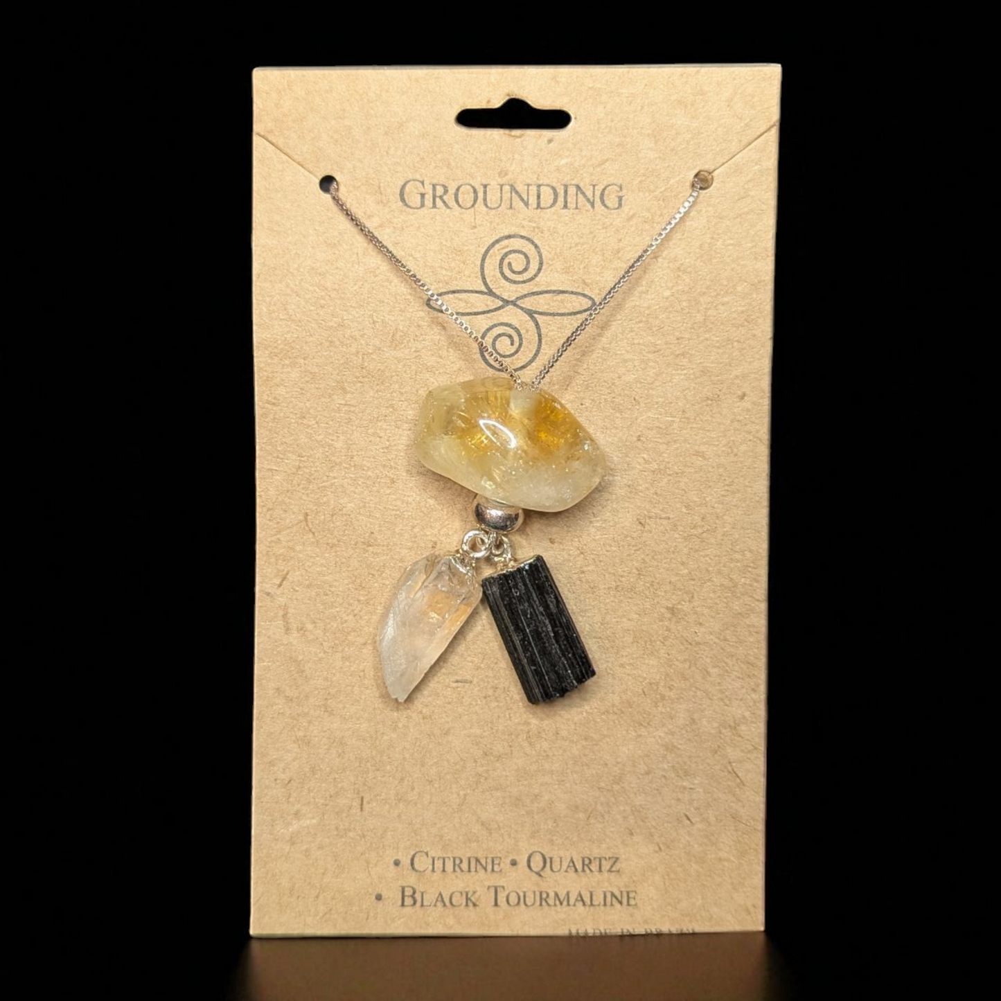 Intention Necklace with Citrine, Quartz, and Black Tourmaline pendants on adjustable chain for grounding and clarity