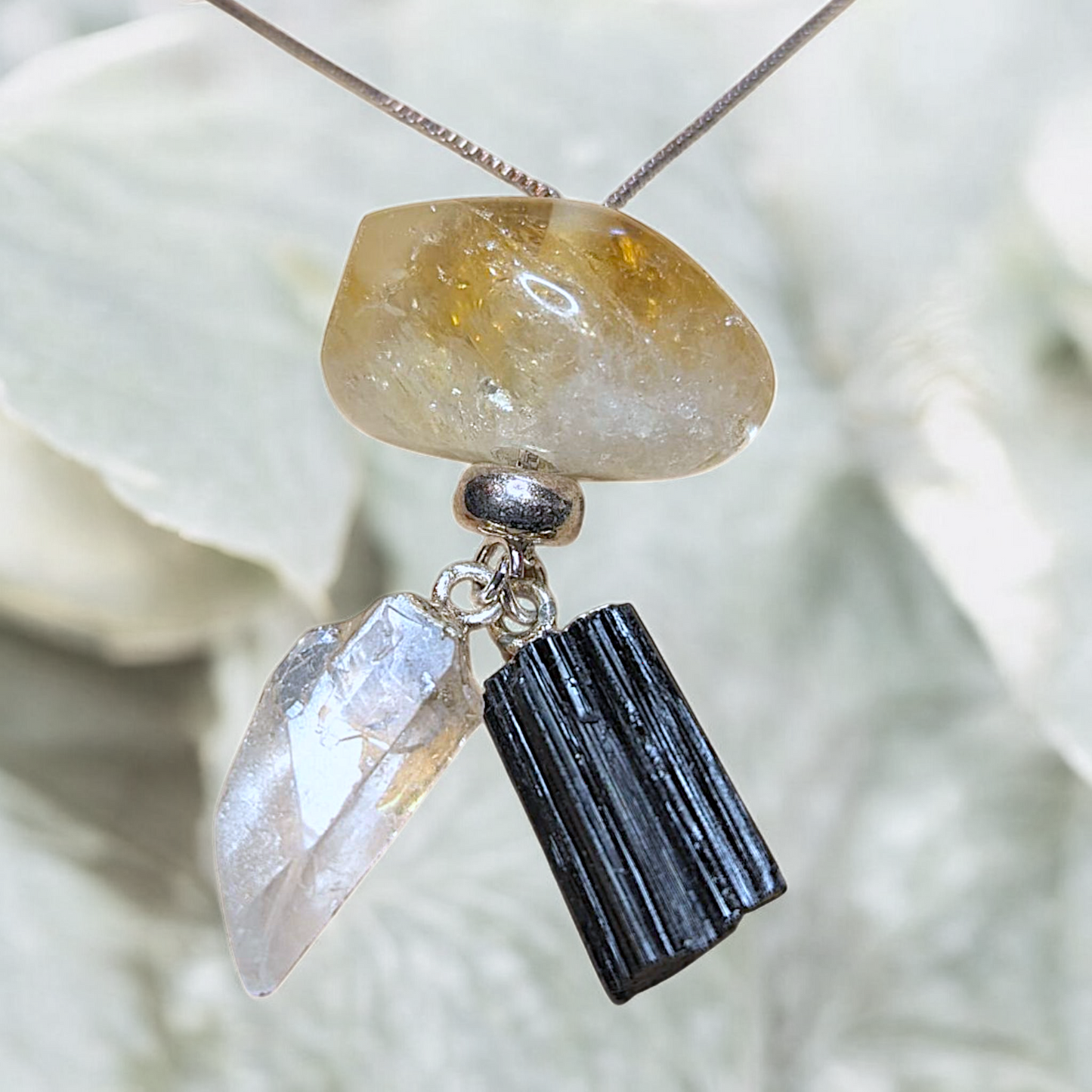 Citrine, Clear Quartz, and Black Tourmaline crystal pendants on grounding necklace