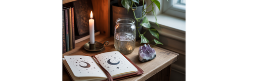 A cozy beginner witch altar on a small bookshelf, with a white candle, a jar of moon water, a crystal, and a notebook with doodled moons. The setting is warm and softly lit, with plants in the background and a feeling of peace and curiosity