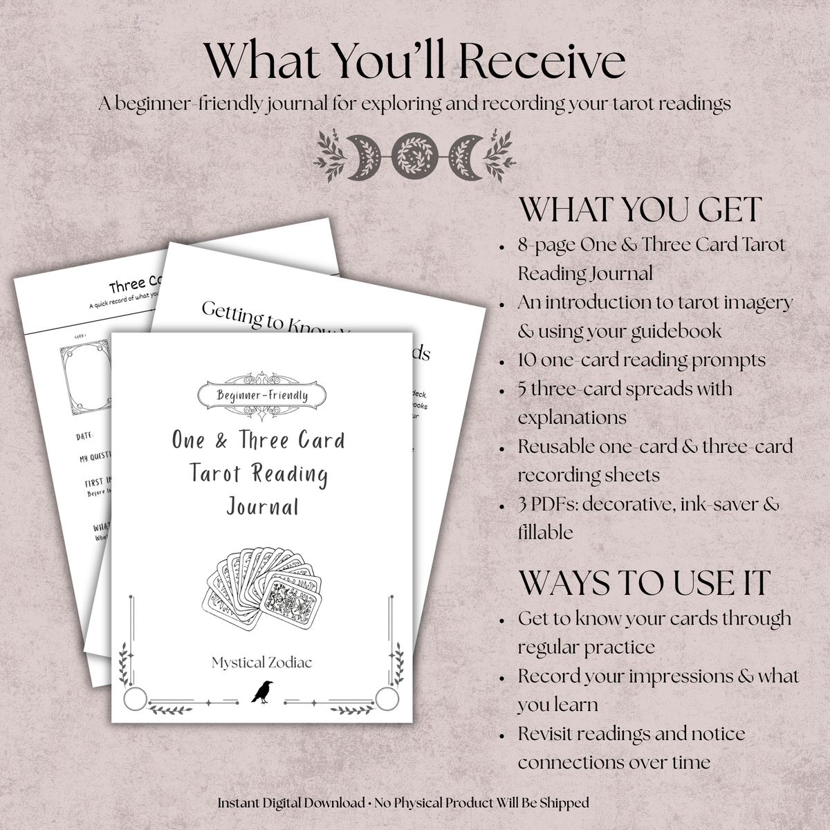 Beginner Tarot Reading Journal: One & Three Card Recording Sheets | Printable & Fillable PDF