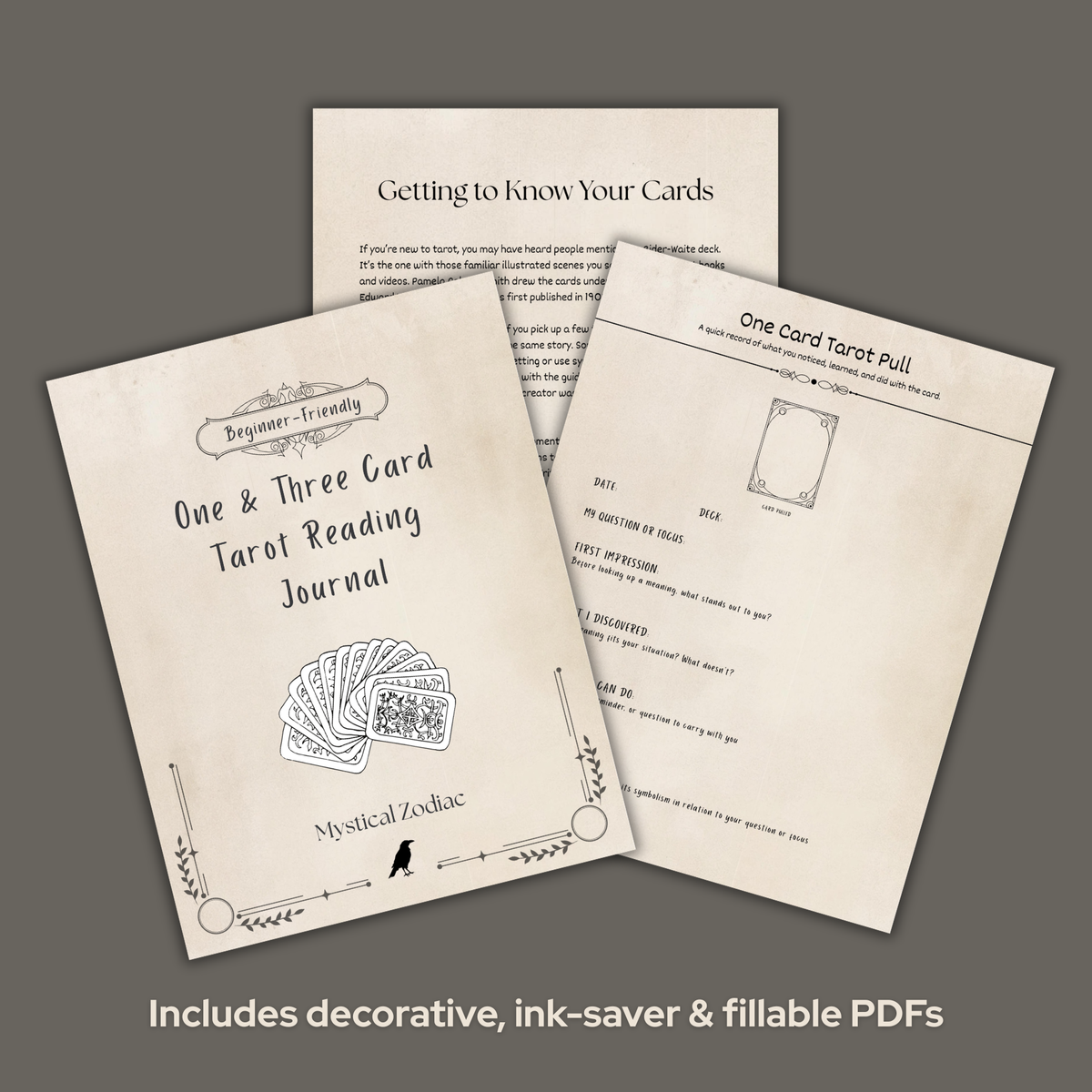 Beginner Tarot Reading Journal: One & Three Card Recording Sheets | Printable & Fillable PDF