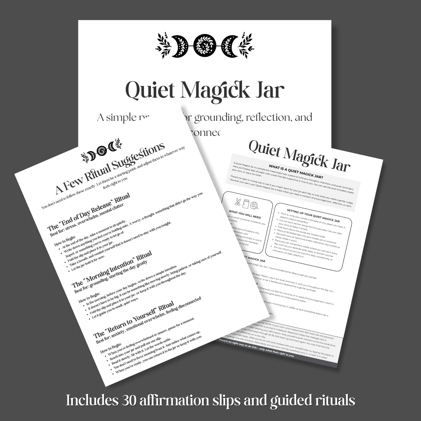 Two printed pages from 'Quiet Magick Jar' on a dark gray background