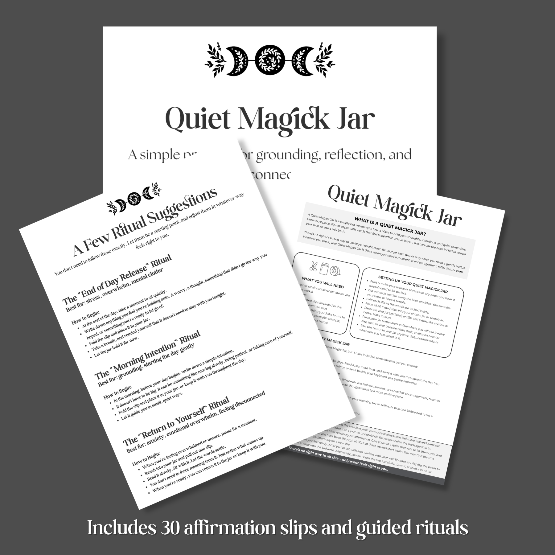 Two printed pages from 'Quiet Magick Jar' on a dark gray background