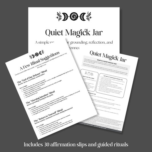 Two printed pages from 'Quiet Magick Jar' on a dark gray background