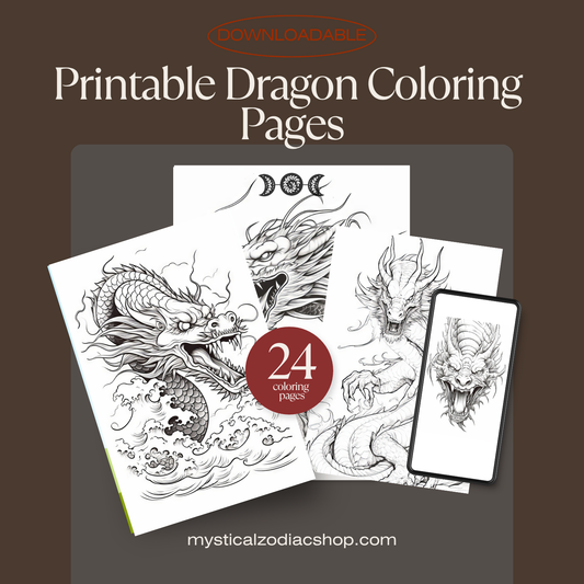 Promotional graphic for printable dragon coloring pages with a brown background.