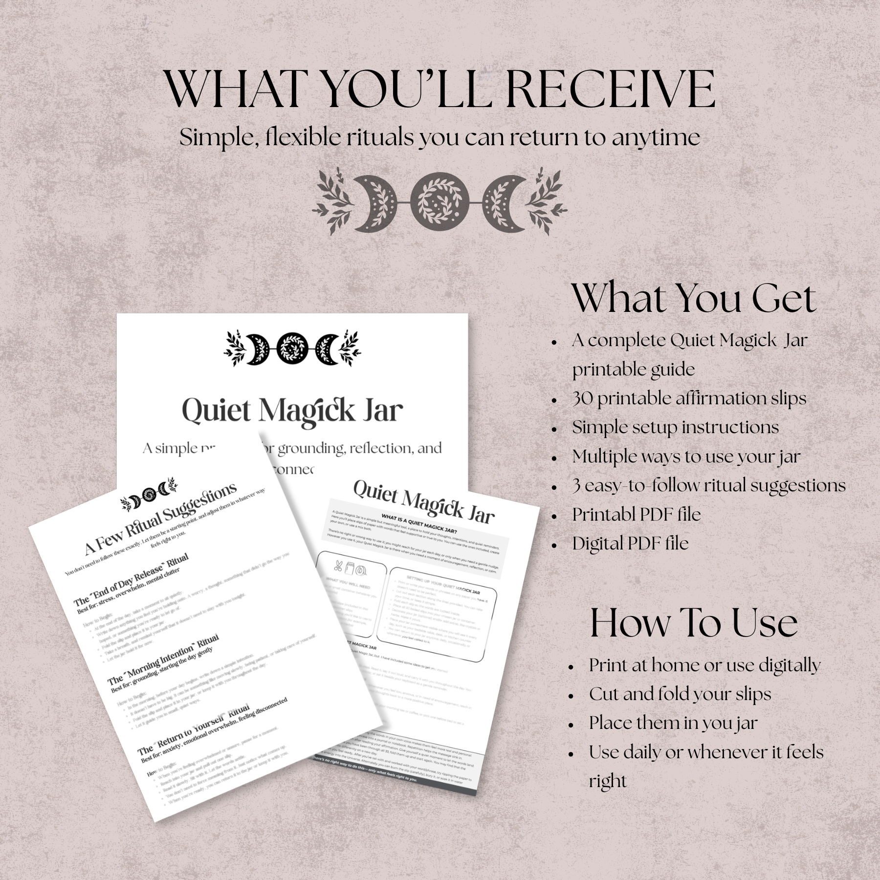 Quiet Magick Jar printable guide and affirmation slips on a textured background