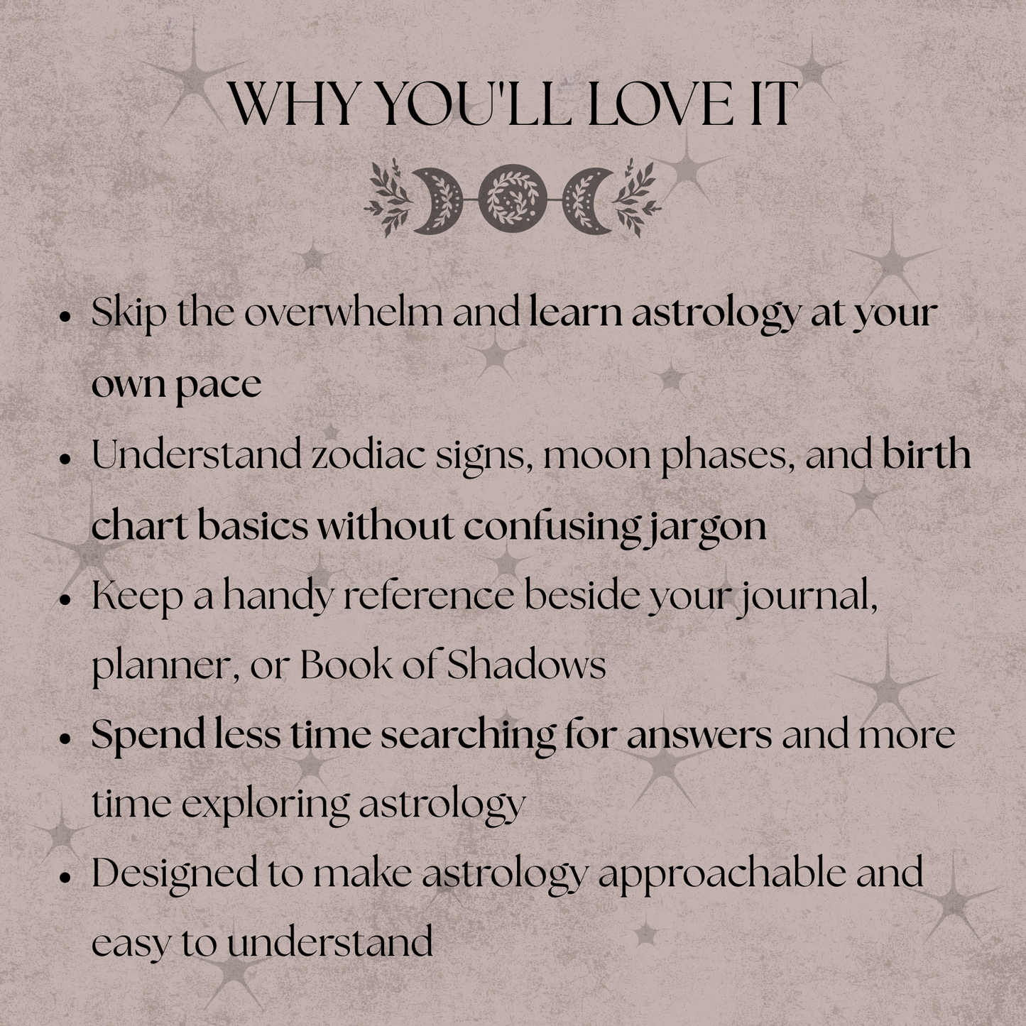 Text describing the benefits of learning astrology at one's own pace with astrological symbols.