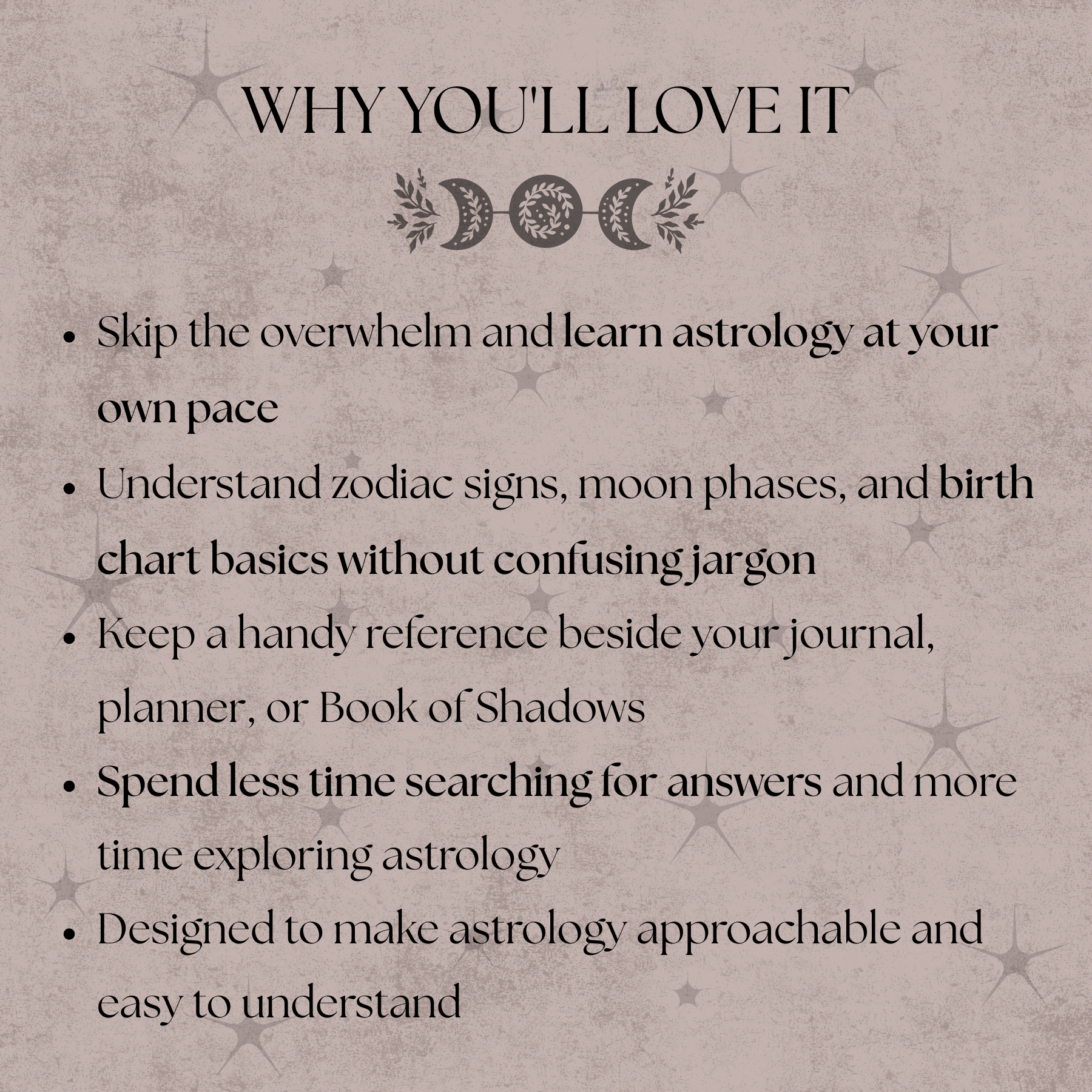 Text describing the benefits of learning astrology at one's own pace with astrological symbols.