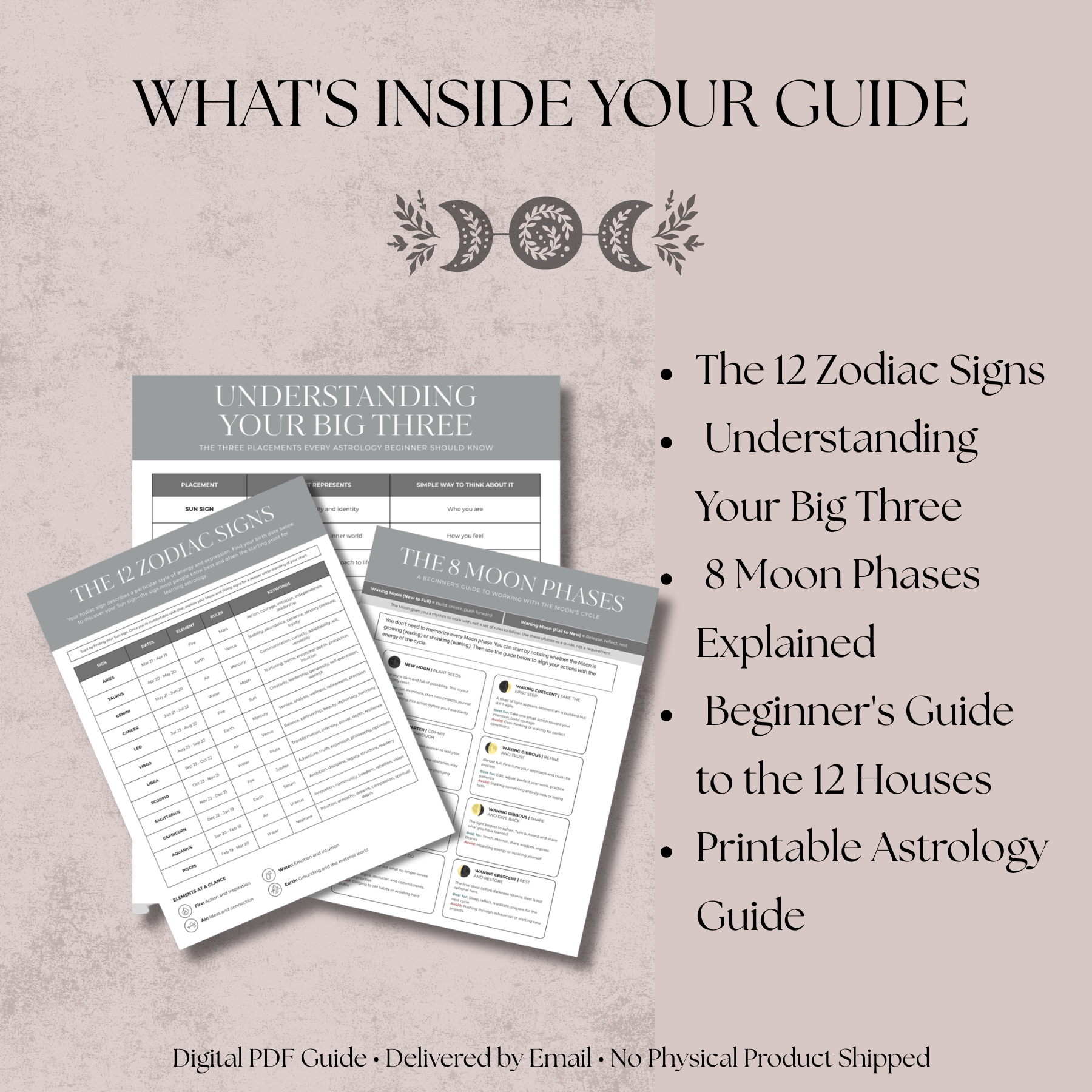Pages from an astrology guide with text about contents on a light pink background