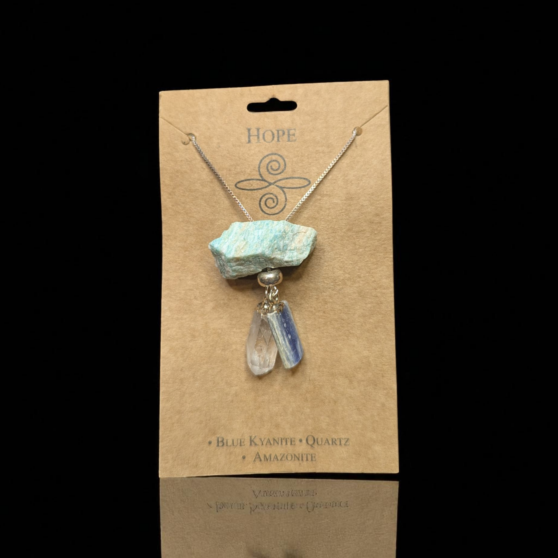 Hope Necklace with Blue Kyanite, Clear Quartz, and Amazonite crystal pendants on adjustable chain for emotional healing and inspiration.