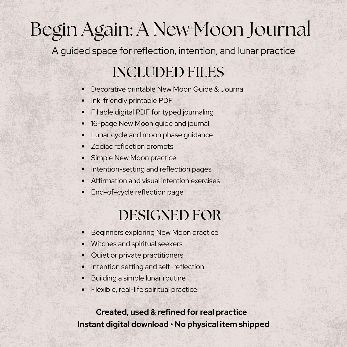 Begin Again: Printable New Moon Guide & Journal for Reflection, Intention Setting & Lunar Practice