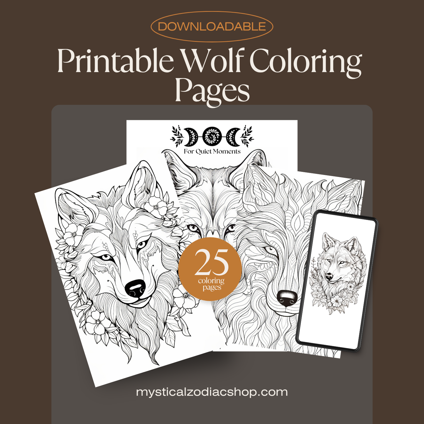 Promotional image for downloadable wolf coloring pages with a brown background.
