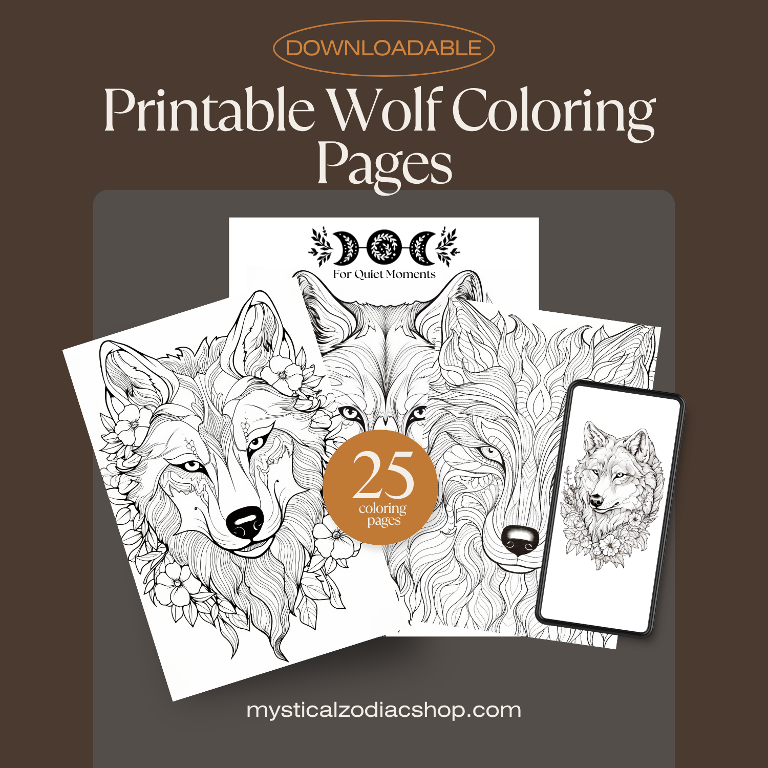 Promotional image for downloadable wolf coloring pages with a brown background.