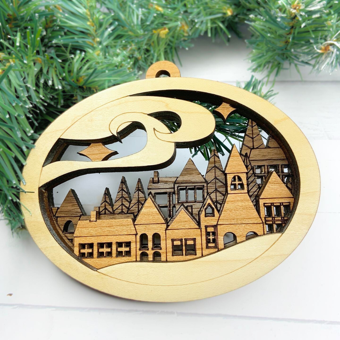 Handmade Wood Ornament- Snowy Village