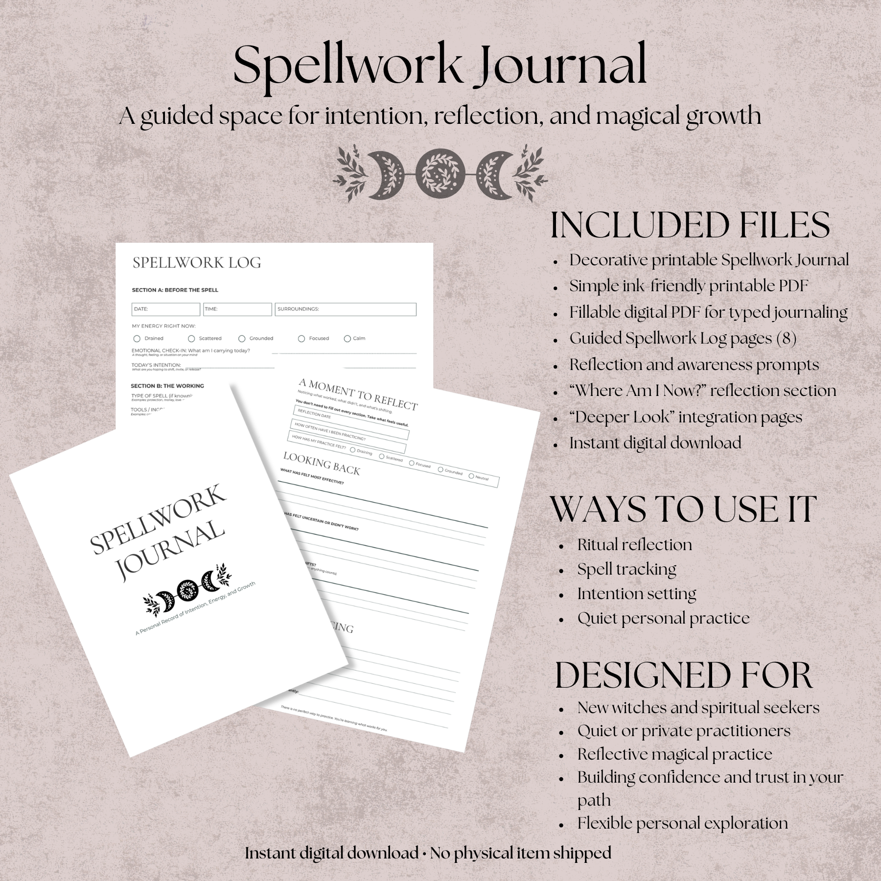 Spellwork Journal with included files and usage information on a beige background