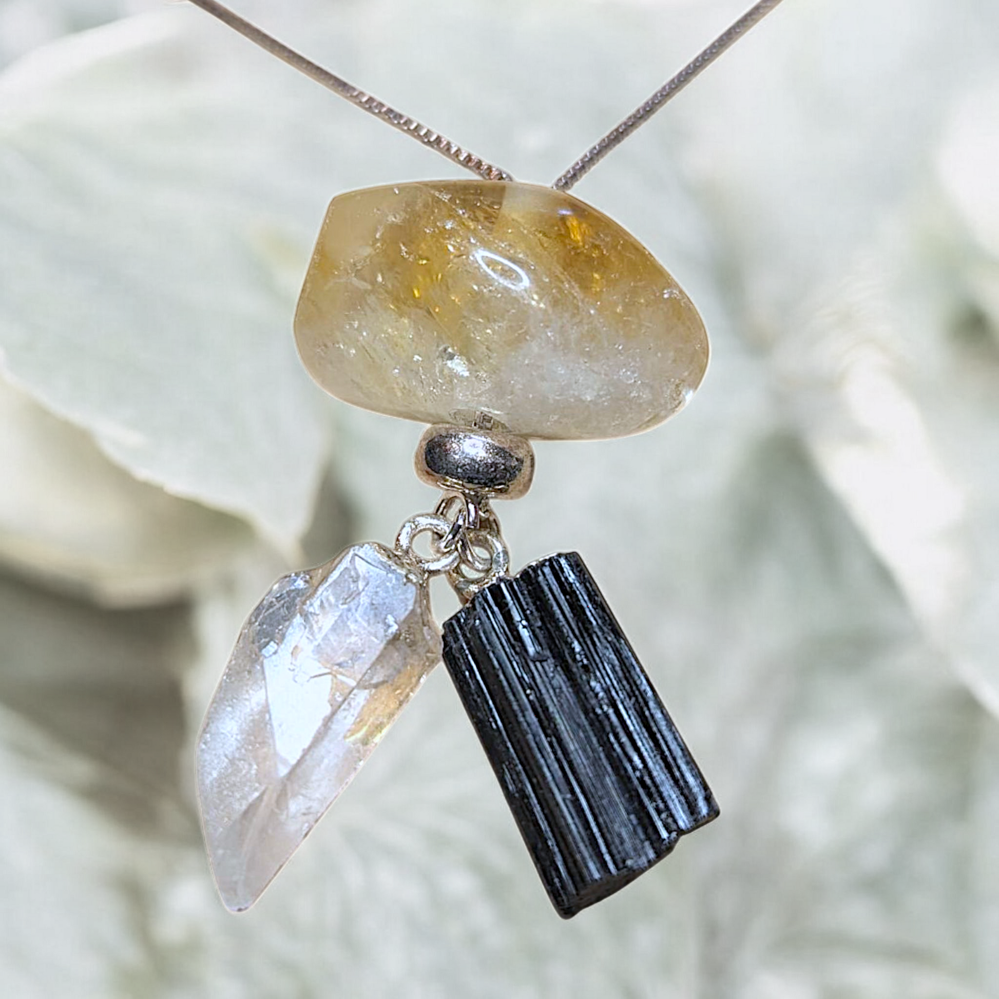 Citrine, Clear Quartz, and Black Tourmaline crystal pendants on grounding necklace